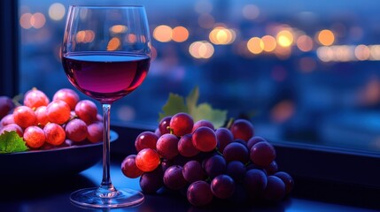 Wall Mural - A glass of red wine beside fresh grapes, set against a blurred cityscape at dusk.