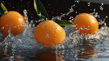 Fresh oranges splashing in water, showcasing vibrant colors and refreshing nature.