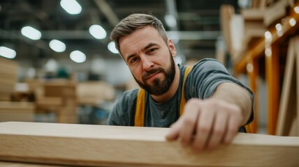 A man with a beard is standing in a wood shop