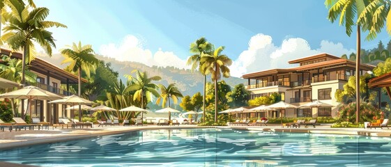 A serene tropical resort with a pool, surrounded by palm trees and elegant buildings under a clear blue sky.