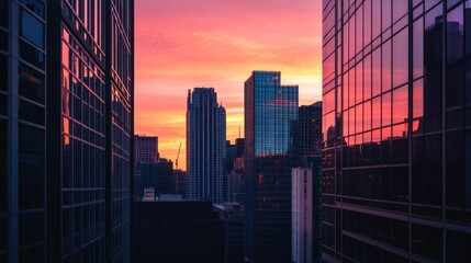 Canvas Print - Sunset view between skyscrapers, showcasing vibrant colors and urban architecture.