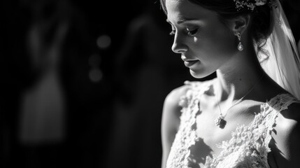 Canvas Print - A contemplative bride in black and white, showcasing emotion and elegance.