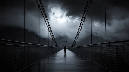 Canvas Print - A solitary figure walks across a bridge under a dramatic, cloudy sky.