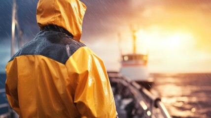 Wall Mural - A man in a yellow raincoat stands on a boat in the ocean