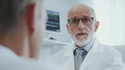 Poster - A man in a white lab coat is talking to a man in a white shirt