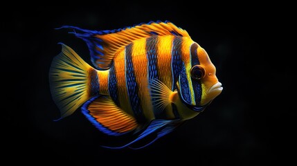 Wall Mural - A vibrant, multicolored fish with striking stripes swimming against a dark background.