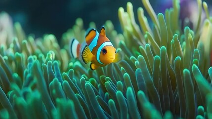 Wall Mural - A vibrant clownfish swimming among colorful sea anemones in a coral reef.