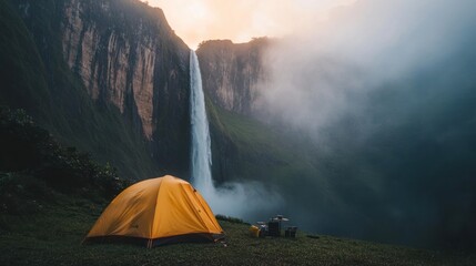 Poster - A serene camping scene beside a majestic waterfall in a misty landscape.