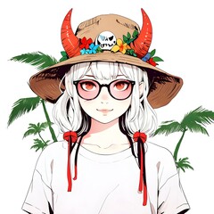 Wall Mural - Anime Girl with a Red Horned Hat