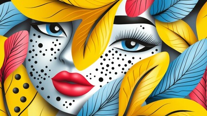 Sticker - A woman's face is covered in leaves, with a red lip and blue eyes