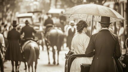 A vintage scene of a horse-drawn carriage with people in period attire on a bustling street.