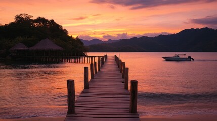 Wall Mural - A serene sunset view over a tranquil pier extending into calm waters.