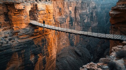 Wall Mural - A person walking on a wooden bridge over a deep canyon, showcasing stunning natural beauty.