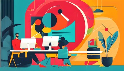 Abstract contemporary design concept for modern business graphics showcasing teamwork success and digital innovation in a retro office setting.