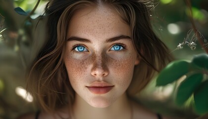 Wall Mural - Dreamy close-up portrait of young woman with bright blue eyes and freckles surrounded by a serene nature-inspired setting on a summer day