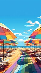 Wall Mural - Colorful Beach Umbrellas and Loungers Leading to the Ocean