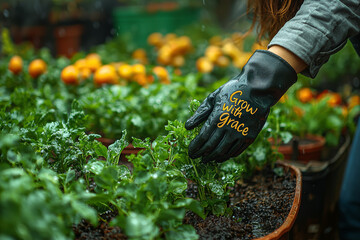 Poster - A woman watering plants in a garden, with 