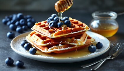 Delectable tower of blueberry waffles drizzled with honey syrup, a sweet indulgence for dessert lovers