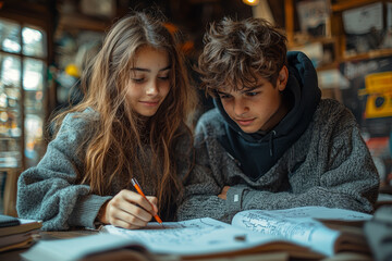 Poster - A teenager helping their sibling with homework, offering encouraging words and a kind smile.