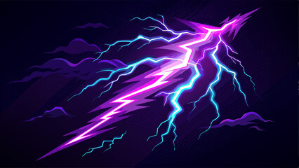 Realistic lightning bolt pattern set, black transparent background. Vector illustration of neon purple cracks, electric discharge on dark sky, thunderstorm flash light effect, destructive power strike