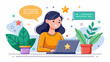 © Alexander - Customer review banner with girl puts feedback or write comment on laptop. Vector landing page of service rating, quality assessment with doodle illustration of woman client, stars and messages