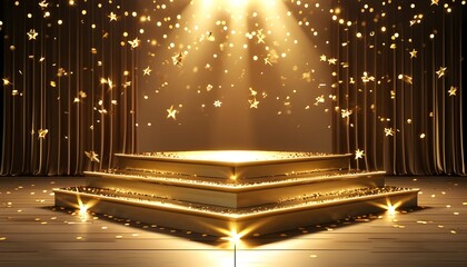 Golden podium stage with spotlight, luxury award ceremony backdrop, shining abstract design for champion celebration and product showcase.