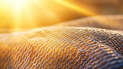 A close up of a mesh fabric with a sun shining on it