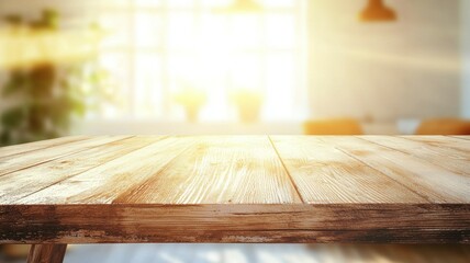 Wall Mural - A wooden table with a view of a window and a potted plant