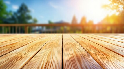 Wall Mural - A wooden deck with a view of a house and trees