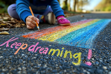 Sticker - A child drawing a rainbow with chalk on the pavement with 