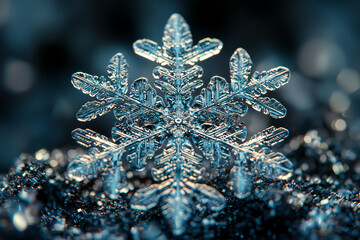 Wall Mural - an incredibly detailed close-up of a snowflake on a dark background, showcasing its intricate patter