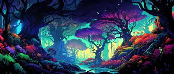 Wall Mural - A Dreamy, Colorful Forest with a Stream Running Through It