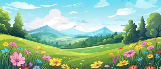 Wall Mural - Vibrant Wildflowers Bloom in a Lush Meadow with Mountains in the Distance