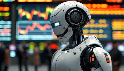 Futuristic robot analyzing digital stock market trends in a high-tech financial environment