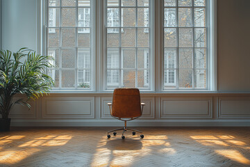 Wall Mural - A minimalistic workspace with a lone chair facing a large, empty desk, capturing the essence of solitude and focus in professional settings.