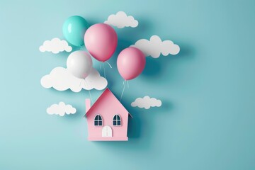 colorful balloons, paper house, blue background, clouds, playfulness, creativity, childhood, dreamy atmosphere, whimsical art, cheerful decor A pink house floats among pastel balloons against a brig