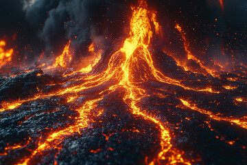 Wall Mural - A dramatic volcanic eruption with molten lava flowing down the sides and ash plumes reaching into the sky, highlighting the power and intensity of natural forces.