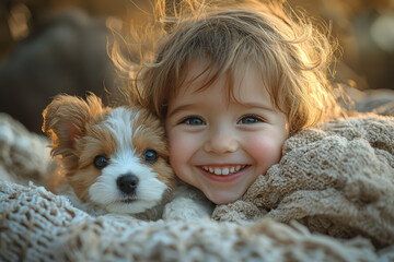 Poster - A child grinning widely while playing with a new pet in their backyard, reflecting innocence and happiness.