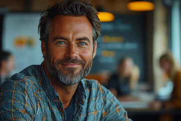 Poster - A business professional grinning while presenting a project to colleagues in a modern office setting, demonstrating enthusiasm and confidence.