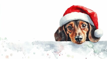 Cute dachshund wearing a Santa hat looking over a white snowy surface A festive holiday theme with soft watercolors and splashes brings warmth and joy to any Christmas setting