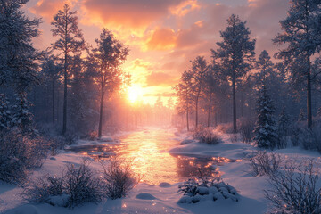 Wall Mural - a breathtaking view of a tranquil forest covered in a blanket of fresh snow, with sunlight filtering