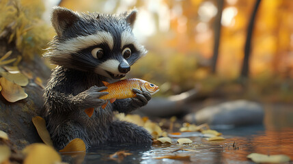 raccoon eating a fish