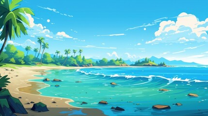 Wall Mural - A Sunny Day on a Tropical Beach with Palm Trees and Clear Blue Water