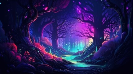 Wall Mural - A Mystical Forest Path Lit by Glowing Trees and a River