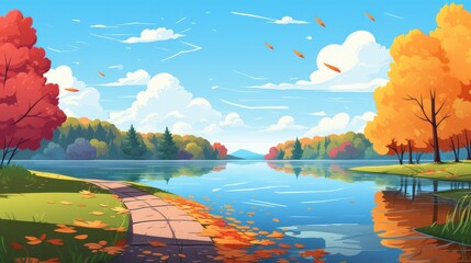 Wall Mural - A Tranquil Autumn Landscape with a Stone Path Leading to a Lake