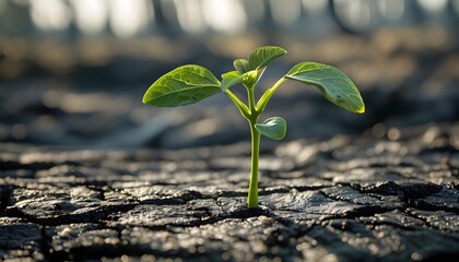 Hopeful seedling emerging from charred earth, symbolizing renewal and resilience after wildfire devastation