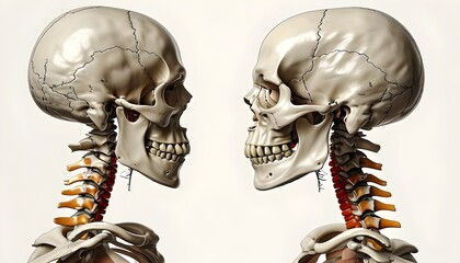 Anatomical illustration showcasing cervical vertebrae and skull anatomy, emphasizing spine structure in lateral view