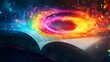 © Teeranan - A magical scene of a vibrant rainbow vortex spiraling out from an open book, filling the air with dynamic colors and light, symbolizing the boundless power of imagination