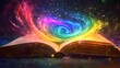 © Teeranan - A magical scene of a vibrant rainbow vortex spiraling out from an open book, filling the air with dynamic colors and light, symbolizing the boundless power of imagination