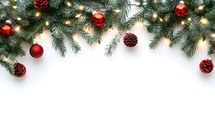 Seamless decorative christmas border with coniferous branches and garlands of christmas lights